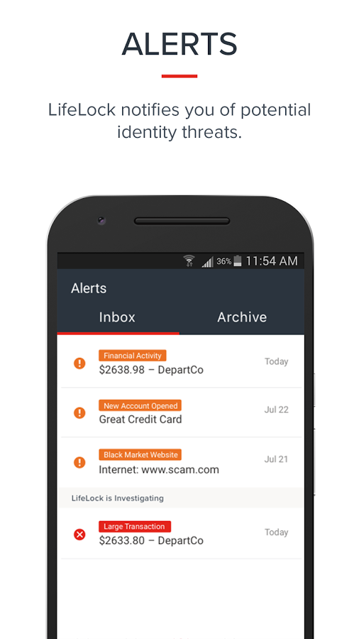 LifeLock Identity Alerts Showing in Their Mobile App